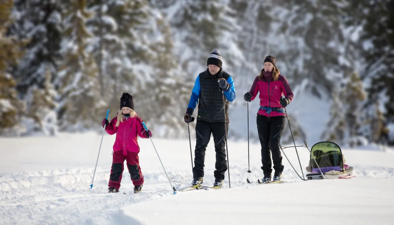 Familj åker skidor