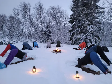 Yoga i snön i positionen hunden